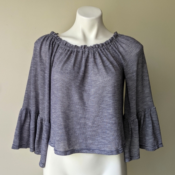 🌼 Vintage Havana Navy Stripe Ruffled Off the Shoulder Top S - Picture 3 of 6